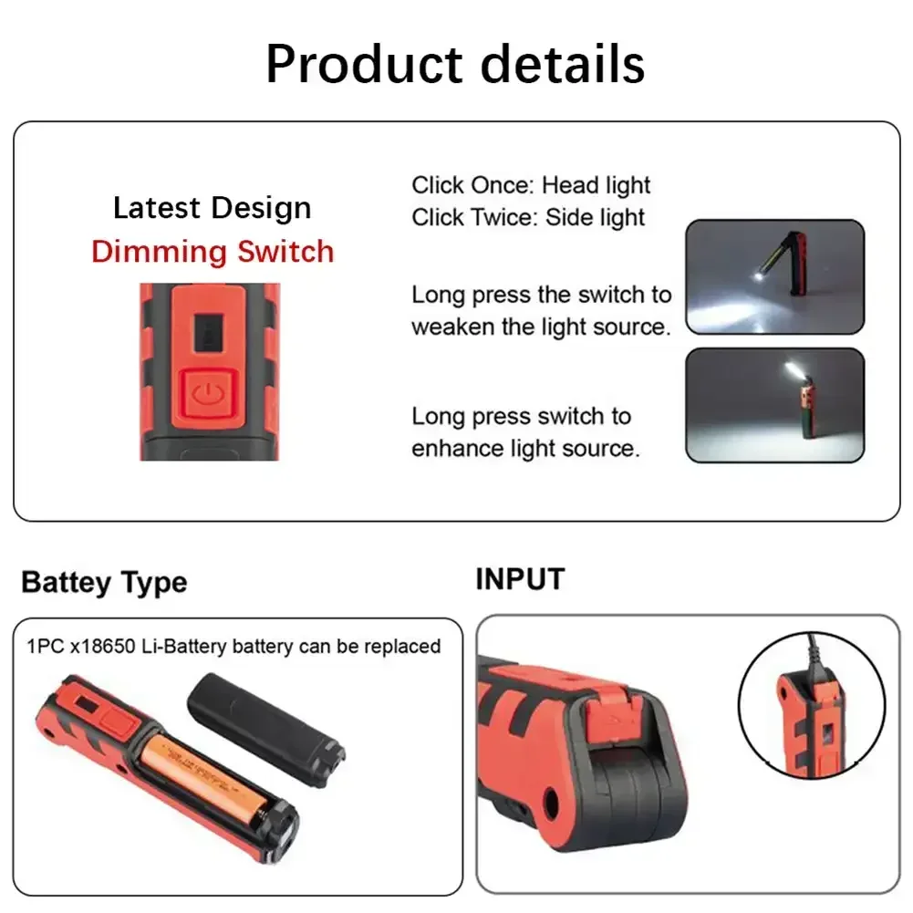 調光可能な COB LED ワークライト USB 充電式懐中 - Renewable Energy Sources のレビューと価格